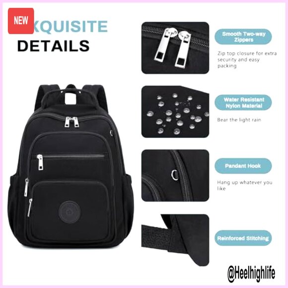Mini Nylon Backpack Purse with Luggage Strap, 7 Pockets, Water Resistant main image 4
